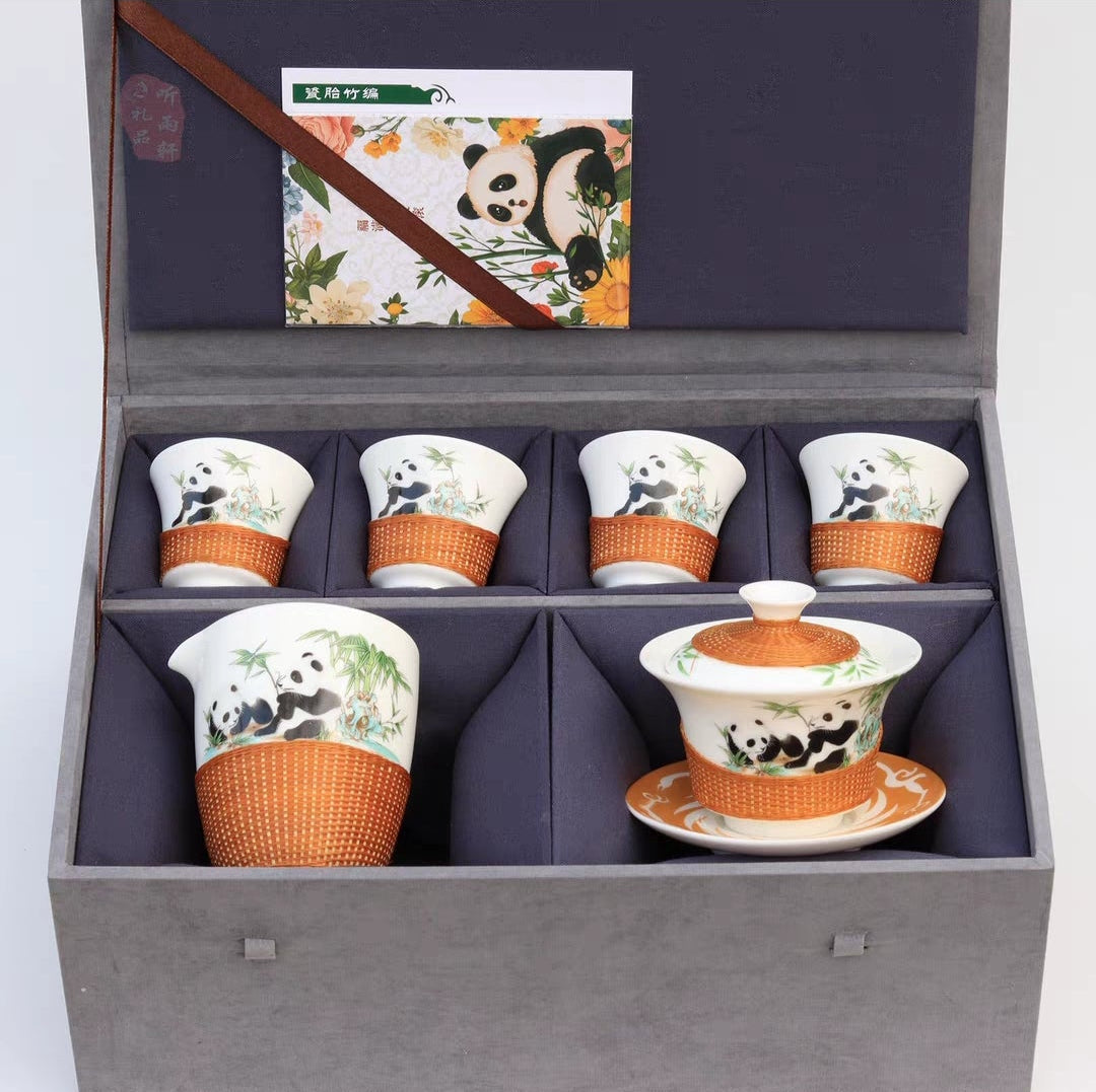 Intangible Cultural Heritage Panda Tea Set — Bamboo-Woven Porcelain Gaiwan Gift Box | Sichuan Specialty