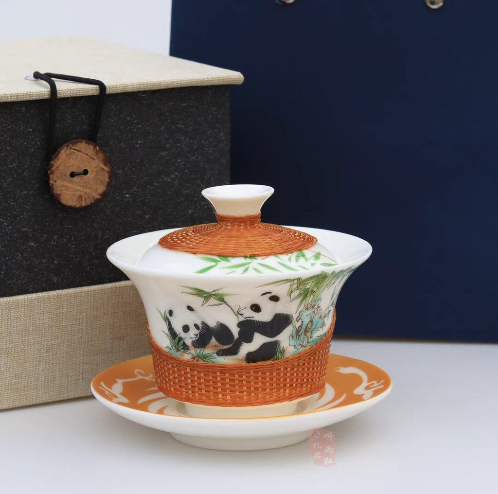 Intangible Cultural Heritage Panda Tea Set — Bamboo-Woven Porcelain Gaiwan Gift Box | Sichuan Specialty