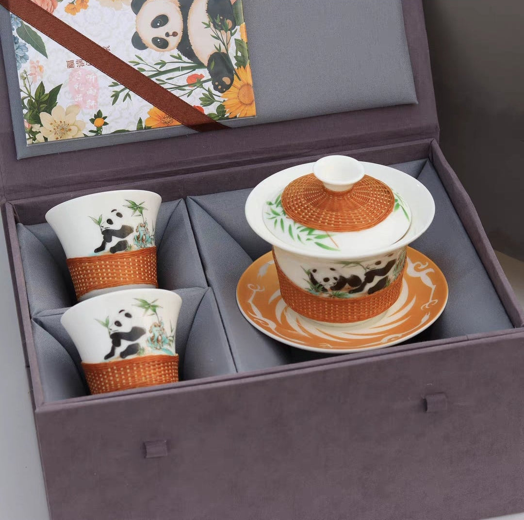 Intangible Cultural Heritage Panda Tea Set — Bamboo-Woven Porcelain Gaiwan Gift Box | Sichuan Specialty