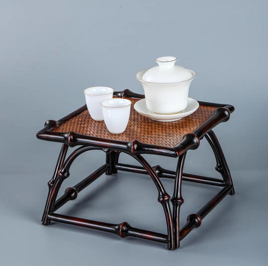 Qiong Bamboo Zen Tea Table — Lacquered Bamboo-Woven Display Stand | Plant Rack & Tea Tray Organizer