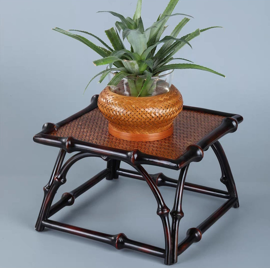 Qiong Bamboo Zen Tea Table — Lacquered Bamboo-Woven Display Stand | Plant Rack & Tea Tray Organizer