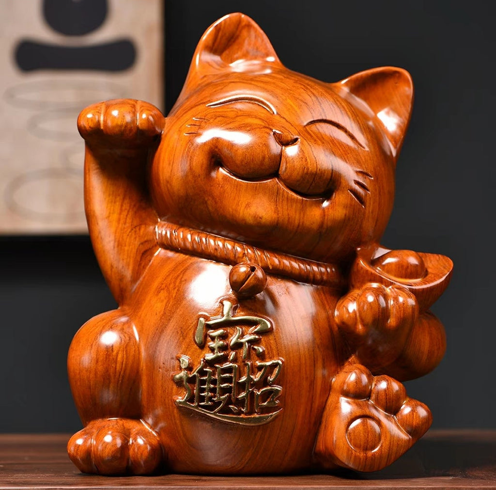 Rosewood Lucky Cat Wood Carving Figurine – Solid Wood Sculpture, 40cm | Grand Opening Gift & Home Decor