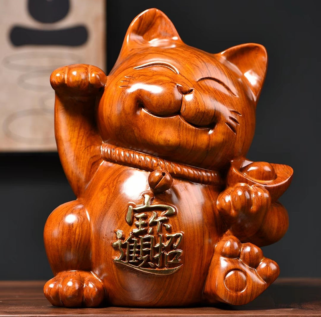 Rosewood Lucky Cat Wood Carving Figurine – Solid Wood Sculpture, 40cm | Grand Opening Gift & Home Decor