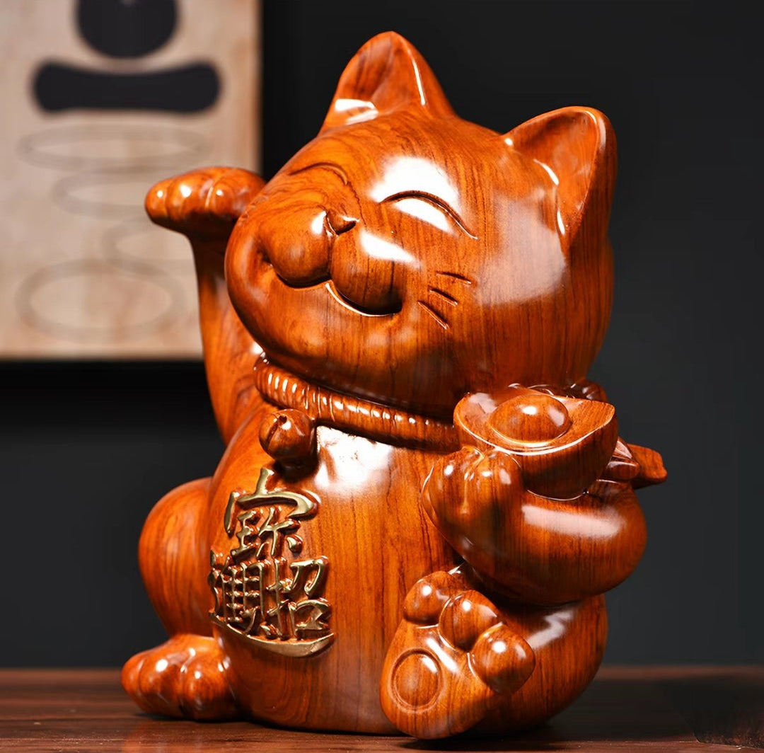 Rosewood Lucky Cat Wood Carving Figurine – Solid Wood Sculpture, 40cm | Grand Opening Gift & Home Decor