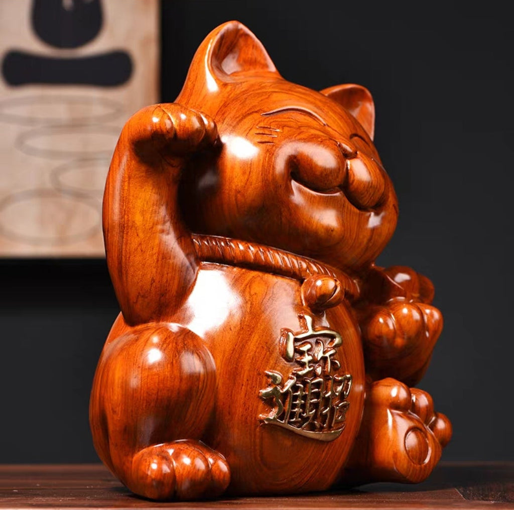 Rosewood Lucky Cat Wood Carving Figurine – Solid Wood Sculpture, 40cm | Grand Opening Gift & Home Decor