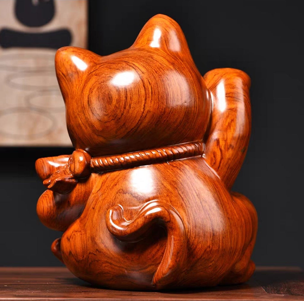 Rosewood Lucky Cat Wood Carving Figurine – Solid Wood Sculpture, 40cm | Grand Opening Gift & Home Decor