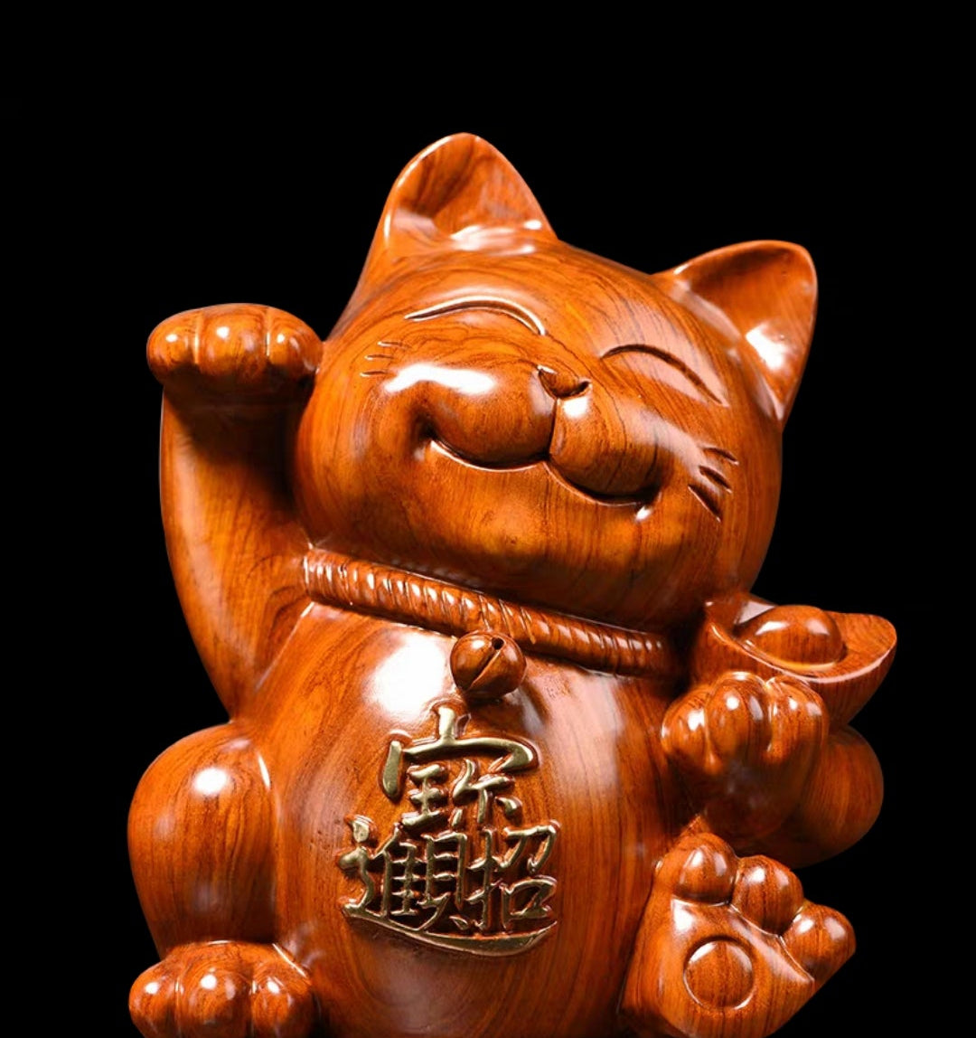 Rosewood Lucky Cat Wood Carving Figurine – Solid Wood Sculpture, 40cm | Grand Opening Gift & Home Decor