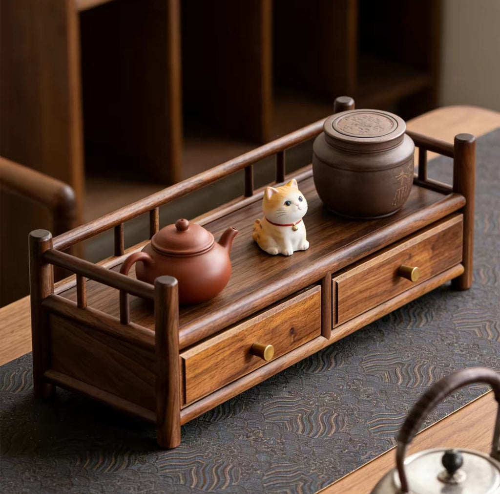 Walnut Wood Tea Set Storage Organizer – Desktop Tea Tray Shelf with Drawers | Tea Ceremony Accessories
