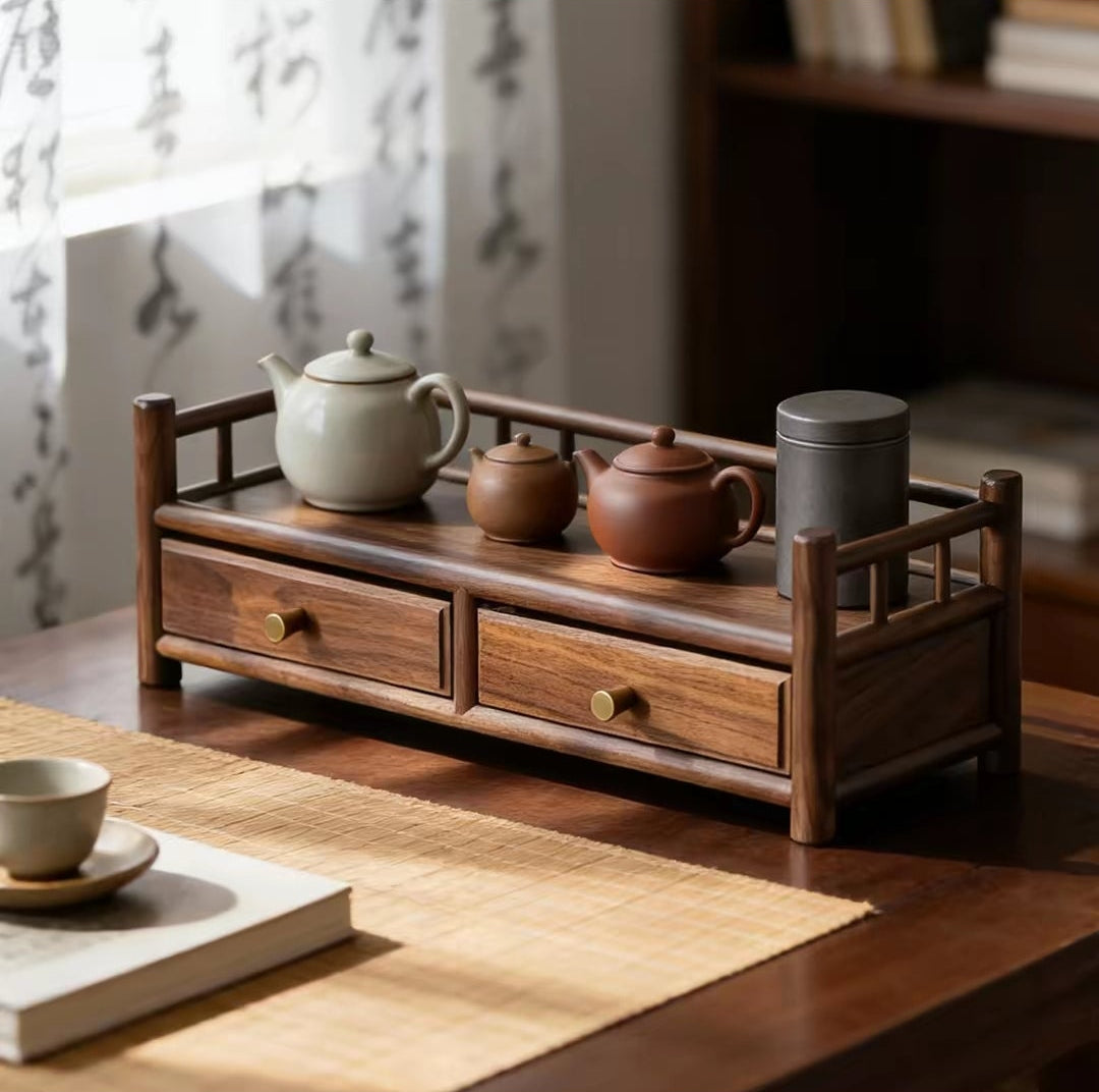 Walnut Wood Tea Set Storage Organizer – Desktop Tea Tray Shelf with Drawers | Tea Ceremony Accessories