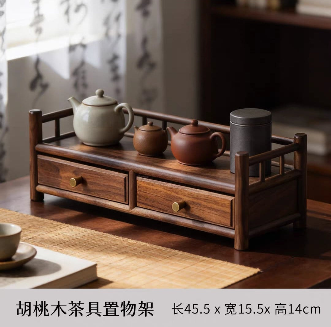 Walnut Wood Tea Set Storage Organizer – Desktop Tea Tray Shelf with Drawers | Tea Ceremony Accessories