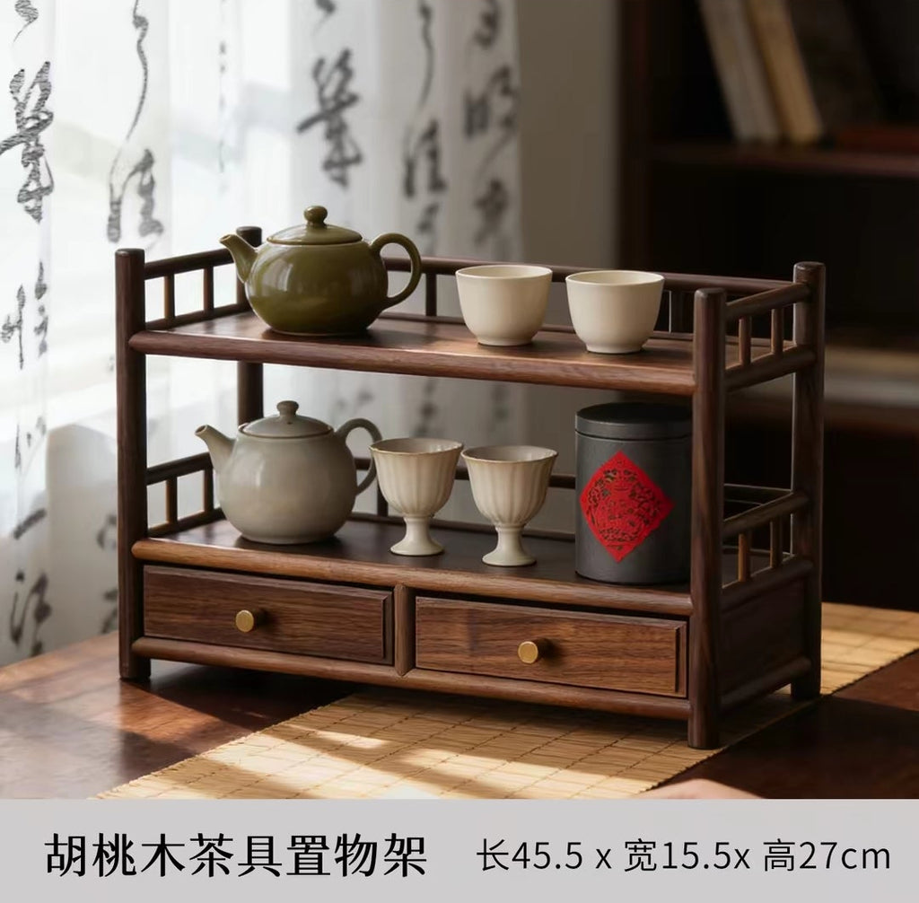 Walnut Wood Tea Set Storage Organizer – Desktop Tea Tray Shelf with Drawers | Tea Ceremony Accessories