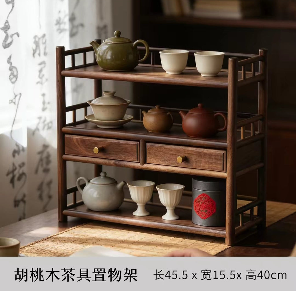 Walnut Wood Tea Set Storage Organizer – Desktop Tea Tray Shelf with Drawers | Tea Ceremony Accessories
