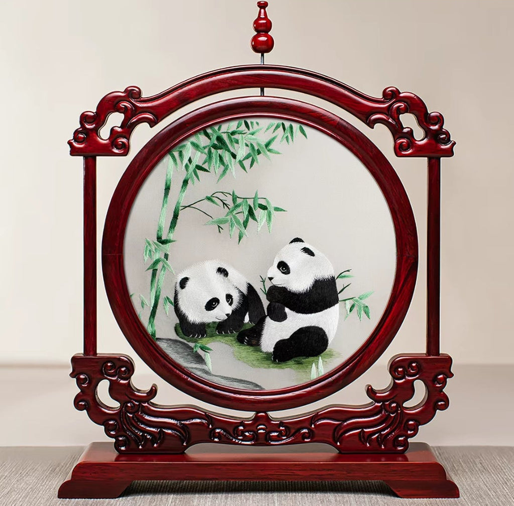 Handmade Suzhou Embroidery Double-Sided Screen – Rosewood Frame | Chinese Art Desk Decor & Gift