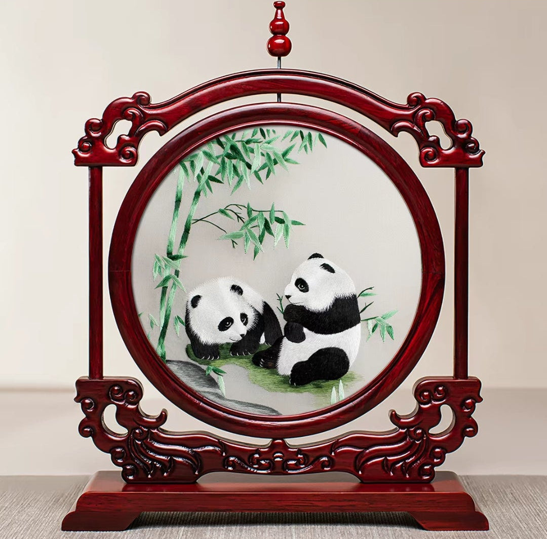 Handmade Suzhou Embroidery Double-Sided Screen – Rosewood Frame | Chinese Art Desk Decor & Gift
