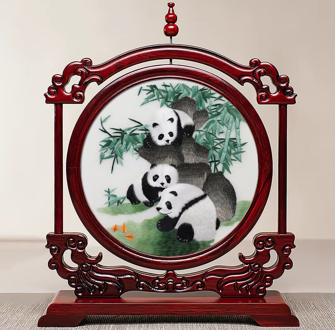 Handmade Suzhou Embroidery Double-Sided Screen – Rosewood Frame | Chinese Art Desk Decor & Gift