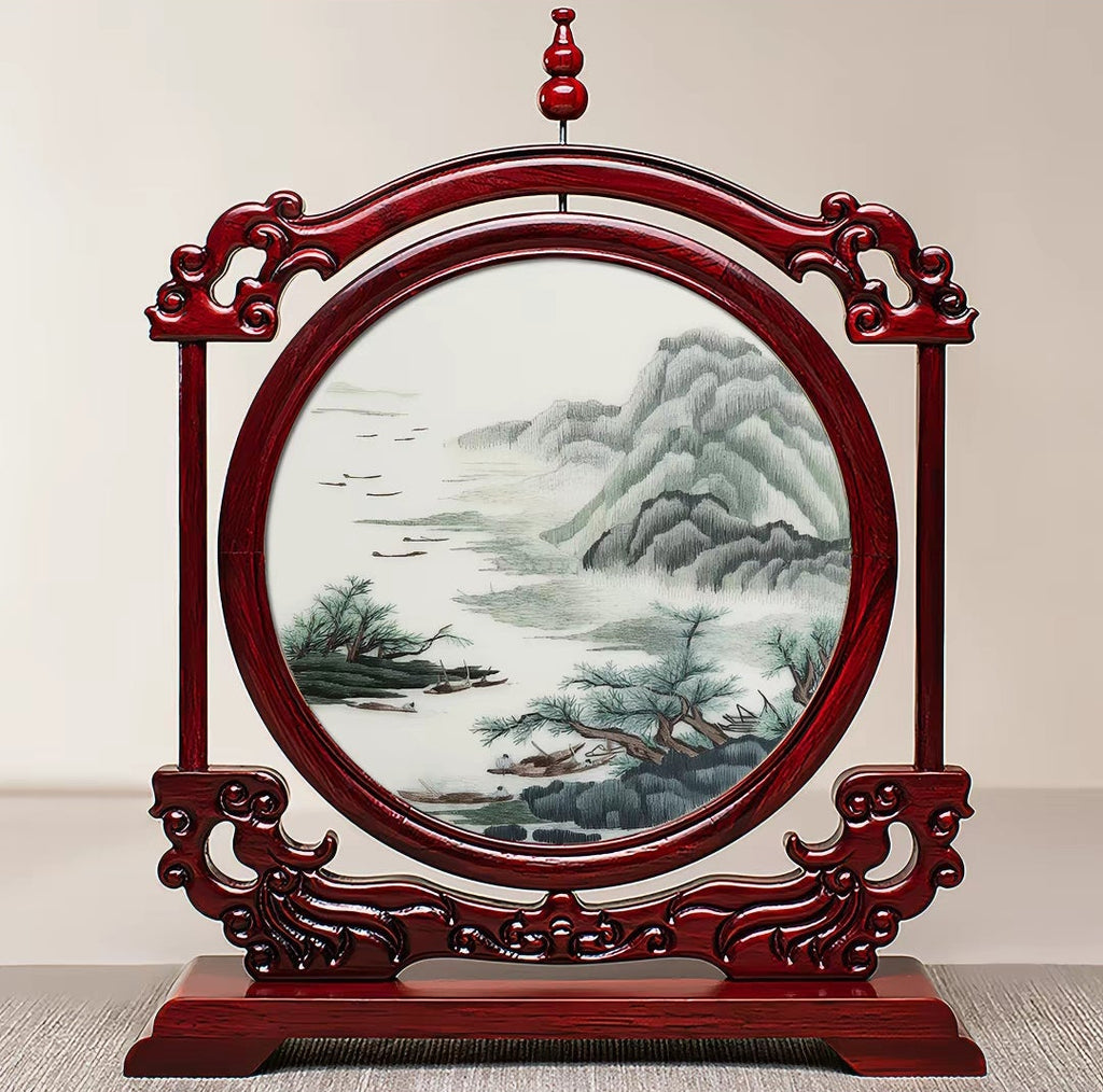 Handmade Suzhou Embroidery Double-Sided Screen – Rosewood Frame | Chinese Art Desk Decor & Gift