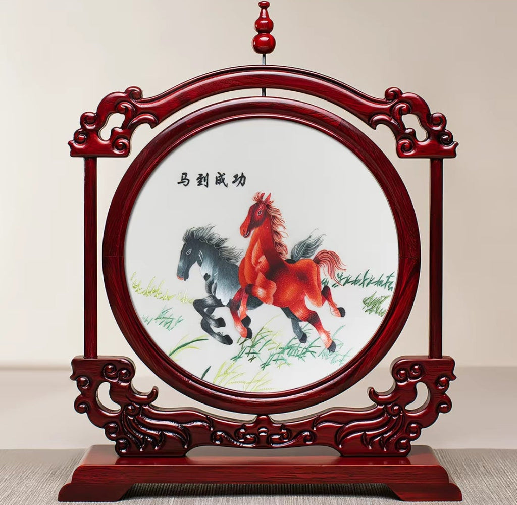 Handmade Suzhou Embroidery Double-Sided Screen – Rosewood Frame | Chinese Art Desk Decor & Gift