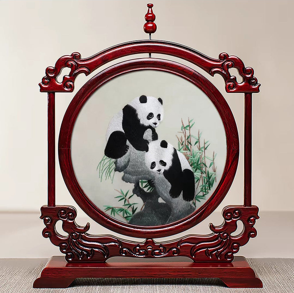 Handmade Suzhou Embroidery Double-Sided Screen – Rosewood Frame | Chinese Art Desk Decor & Gift