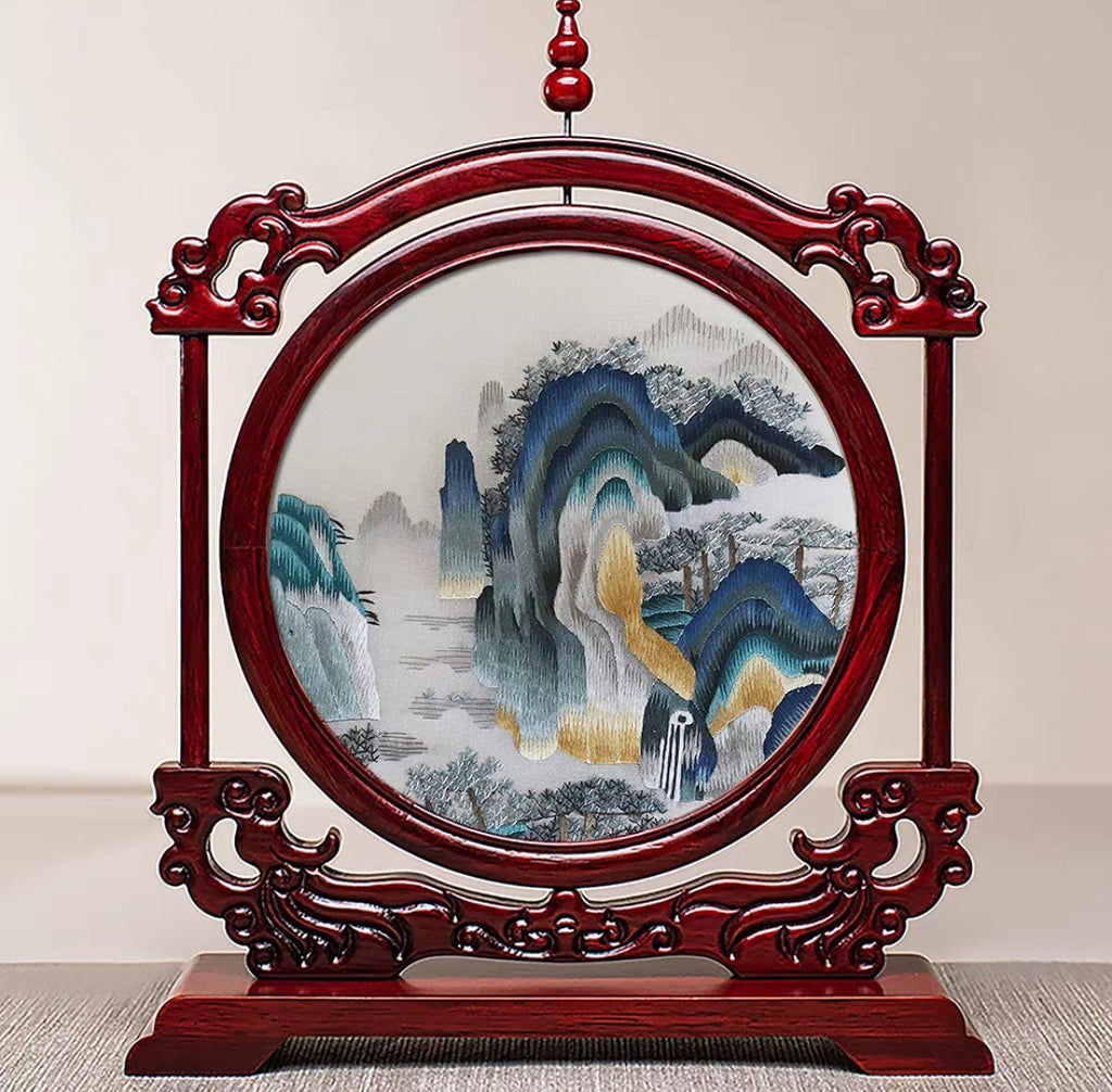 Handmade Suzhou Embroidery Double-Sided Screen – Rosewood Frame | Chinese Art Desk Decor & Gift
