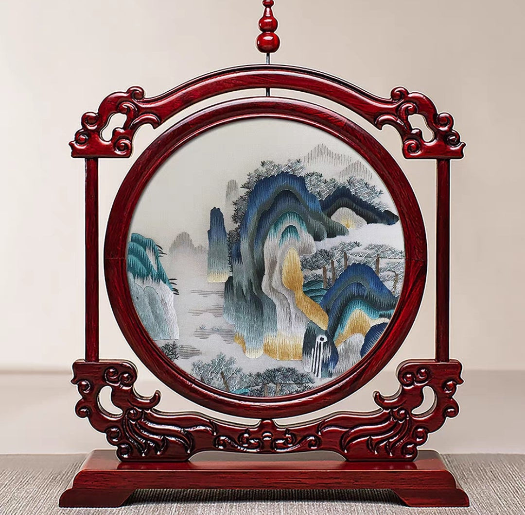 Handmade Suzhou Embroidery Double-Sided Screen – Rosewood Frame | Chinese Art Desk Decor & Gift