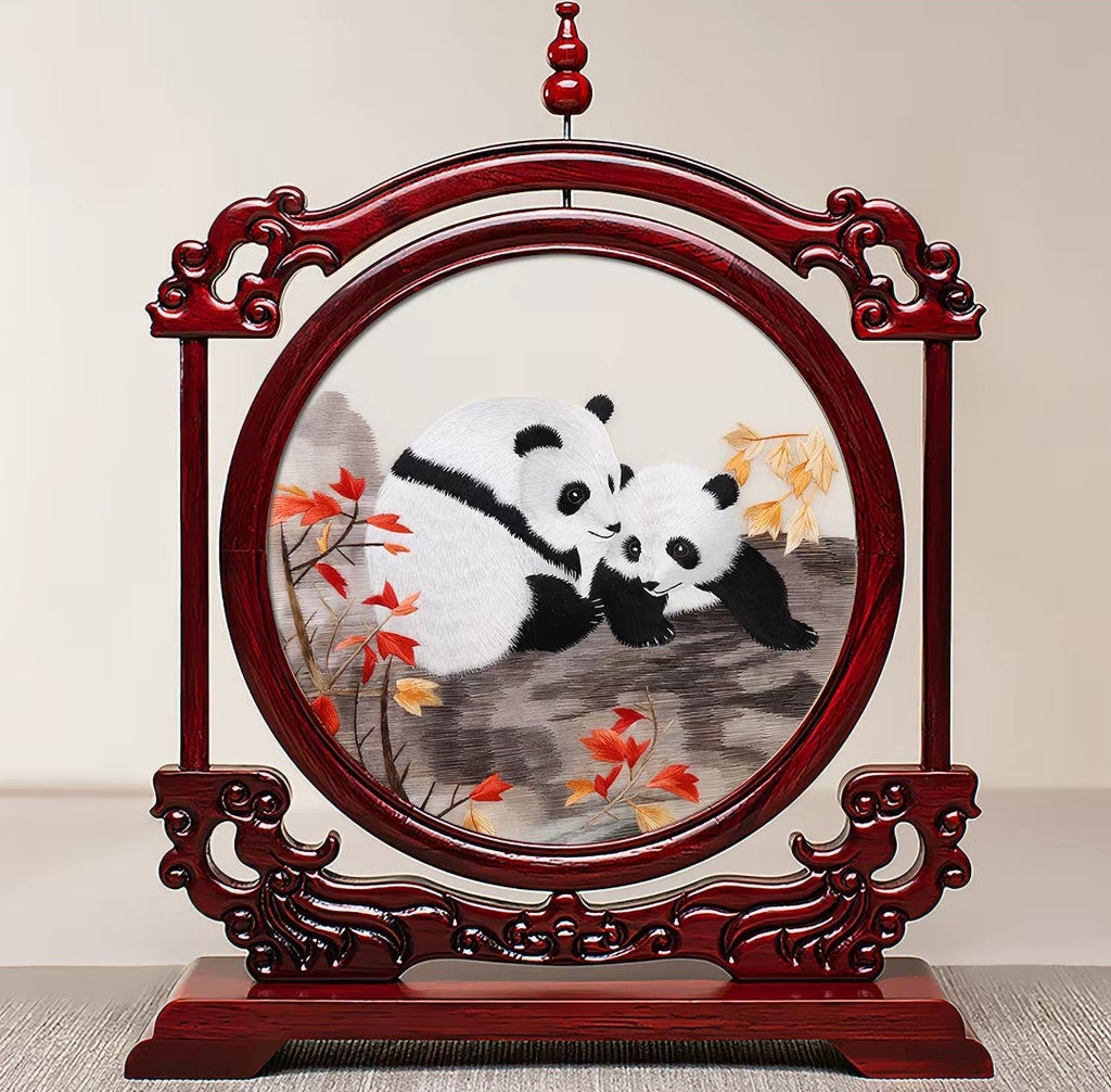 Handmade Suzhou Embroidery Double-Sided Screen – Rosewood Frame | Chinese Art Desk Decor & Gift