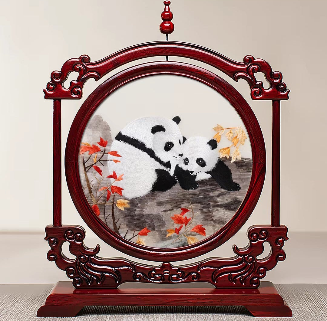 Handmade Suzhou Embroidery Double-Sided Screen – Rosewood Frame | Chinese Art Desk Decor & Gift