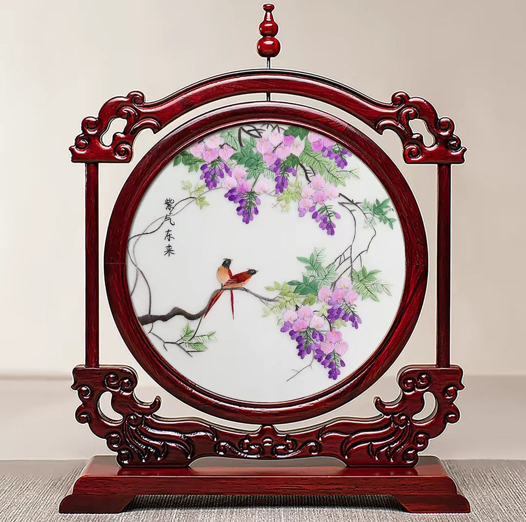 Handmade Suzhou Embroidery Double-Sided Screen – Rosewood Frame | Chinese Art Desk Decor & Gift