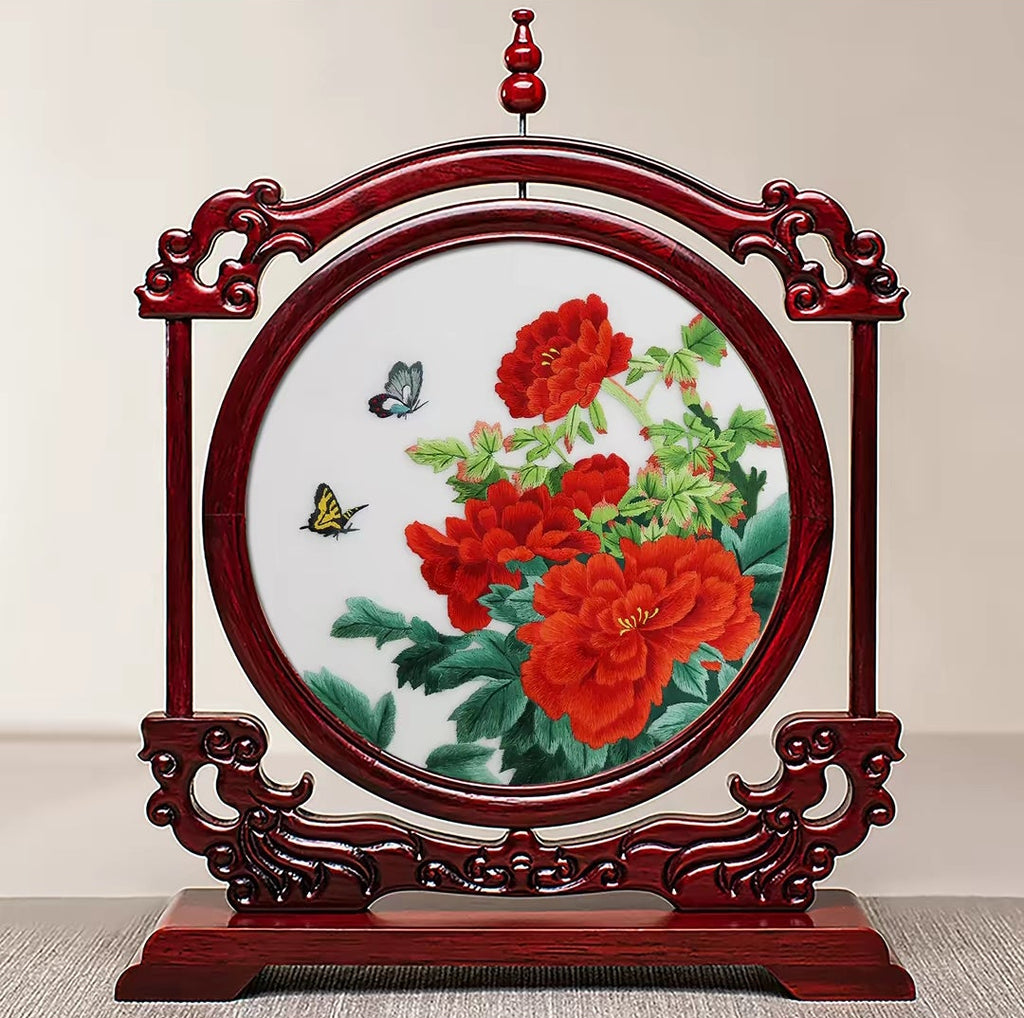 Handmade Suzhou Embroidery Double-Sided Screen – Rosewood Frame | Chinese Art Desk Decor & Gift