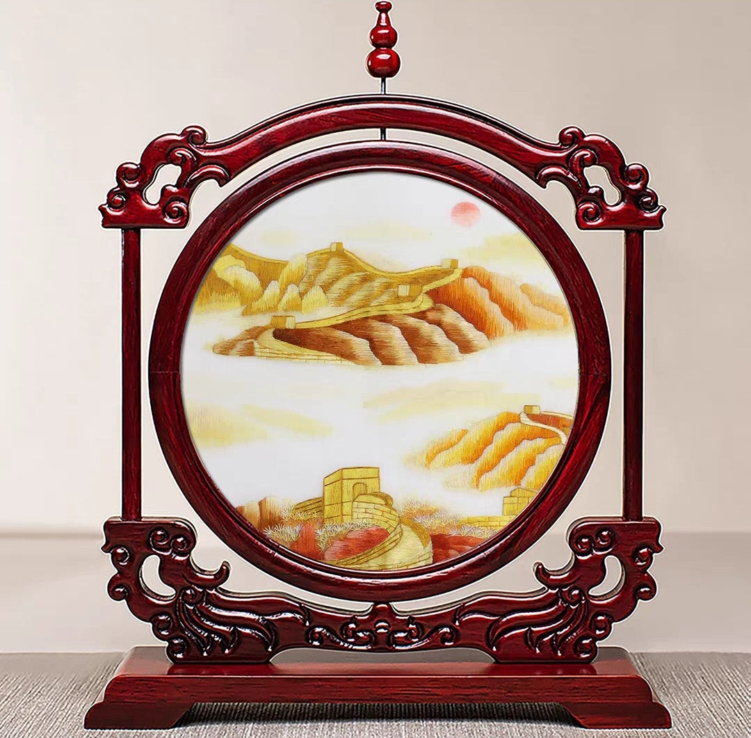 Handmade Suzhou Embroidery Double-Sided Screen – Rosewood Frame | Chinese Art Desk Decor & Gift