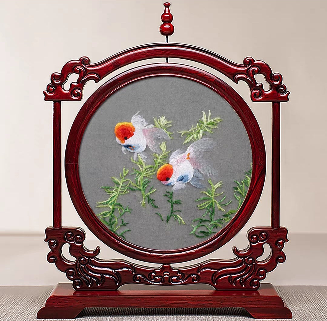 Handmade Suzhou Embroidery Double-Sided Screen – Rosewood Frame | Chinese Art Desk Decor & Gift