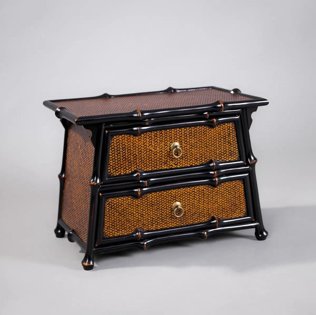 Lacquered Qiong Bamboo Woven Desktop Tea Cabinet | 2-Drawer Storage Chest | 大漆筇竹竹编茶具收纳柜