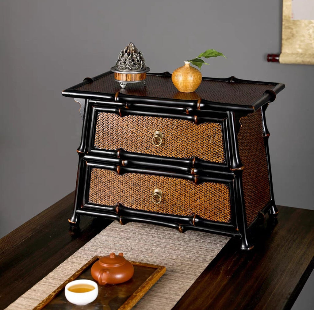 Lacquered Qiong Bamboo Woven Desktop Tea Cabinet | 2-Drawer Storage Chest | 大漆筇竹竹编茶具收纳柜