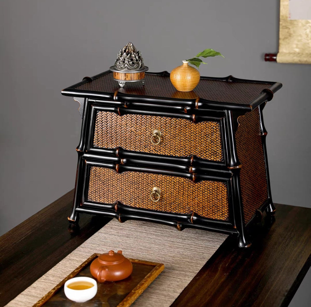 Lacquered Qiong Bamboo Woven Desktop Tea Cabinet | 2-Drawer Storage Chest | 大漆筇竹竹编茶具收纳柜