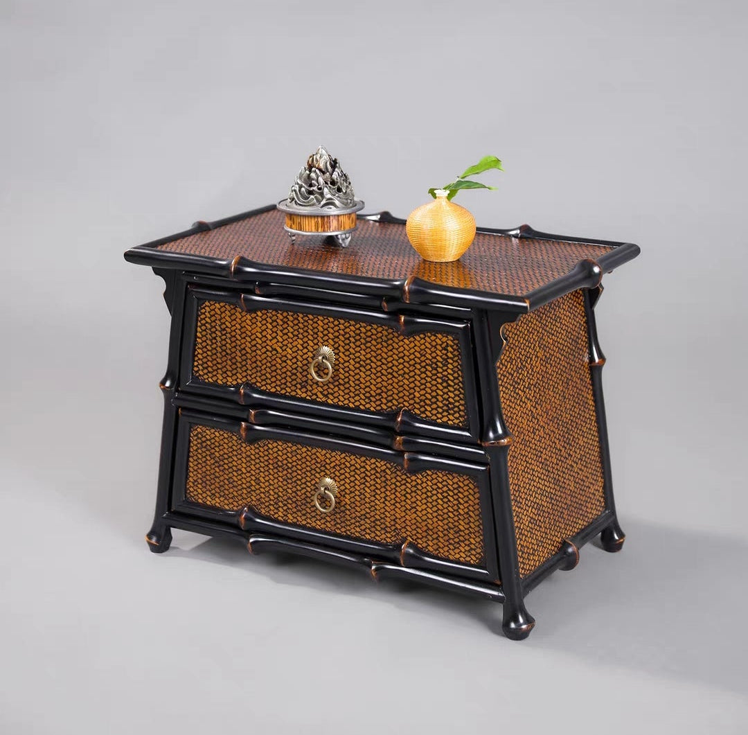 Lacquered Qiong Bamboo Woven Desktop Tea Cabinet | 2-Drawer Storage Chest | 大漆筇竹竹编茶具收纳柜