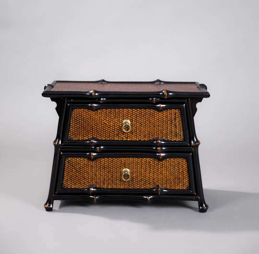 Lacquered Qiong Bamboo Woven Desktop Tea Cabinet | 2-Drawer Storage Chest | 大漆筇竹竹编茶具收纳柜