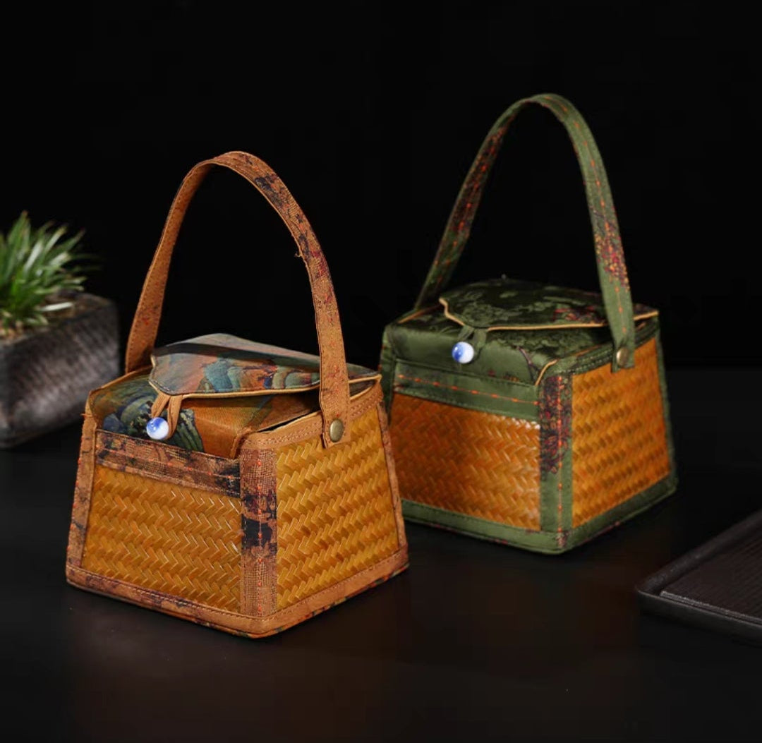 Bamboo Woven Trapezoidal Tea Cup Carrier Basket