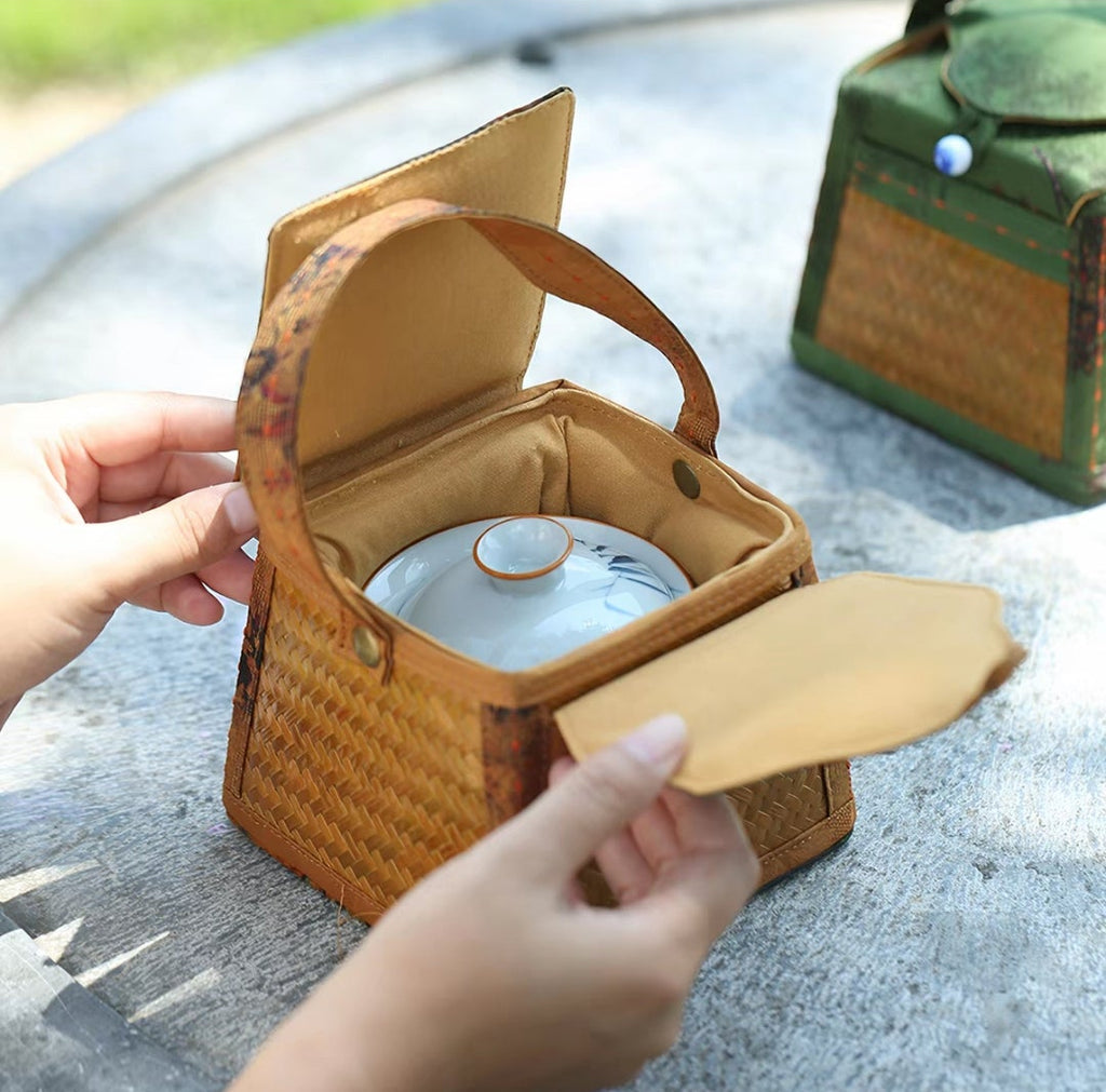 Bamboo Woven Trapezoidal Tea Cup Carrier Basket