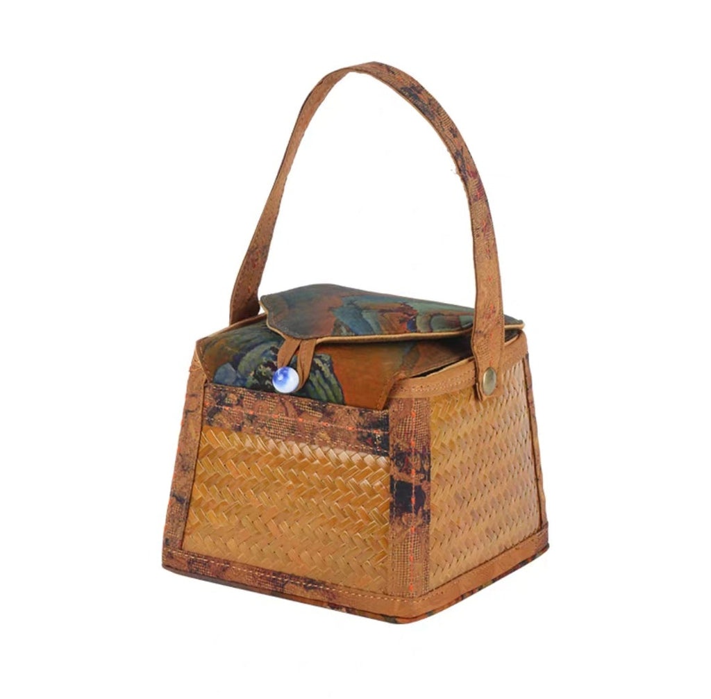 Bamboo Woven Trapezoidal Tea Cup Carrier Basket