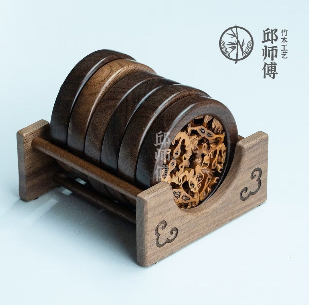 Black Walnut Round Carved Coaster Set with Holder (Set of 6)
