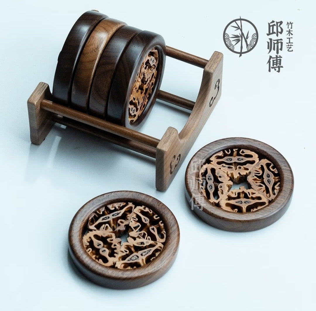 Black Walnut Round Carved Coaster Set with Holder (Set of 6)