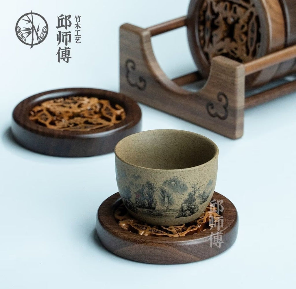 Black Walnut Round Carved Coaster Set with Holder (Set of 6)