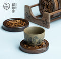 Black Walnut Round Carved Coaster Set with Holder (Set of 6)