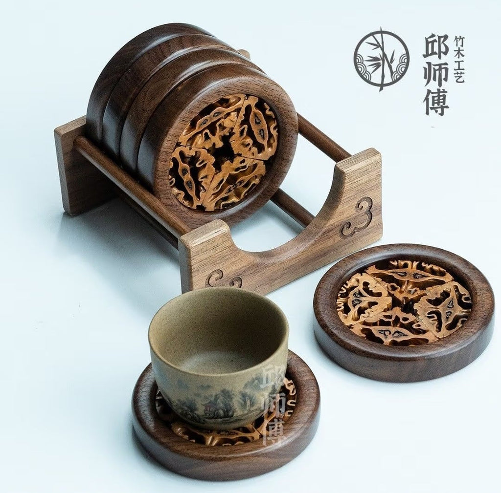 Black Walnut Round Carved Coaster Set with Holder (Set of 6)