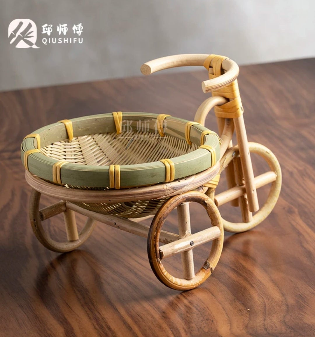 Handwoven Bamboo Tricycle Fruit Basket | Vintage Rattan Bike Decor | Rustic Home Accent