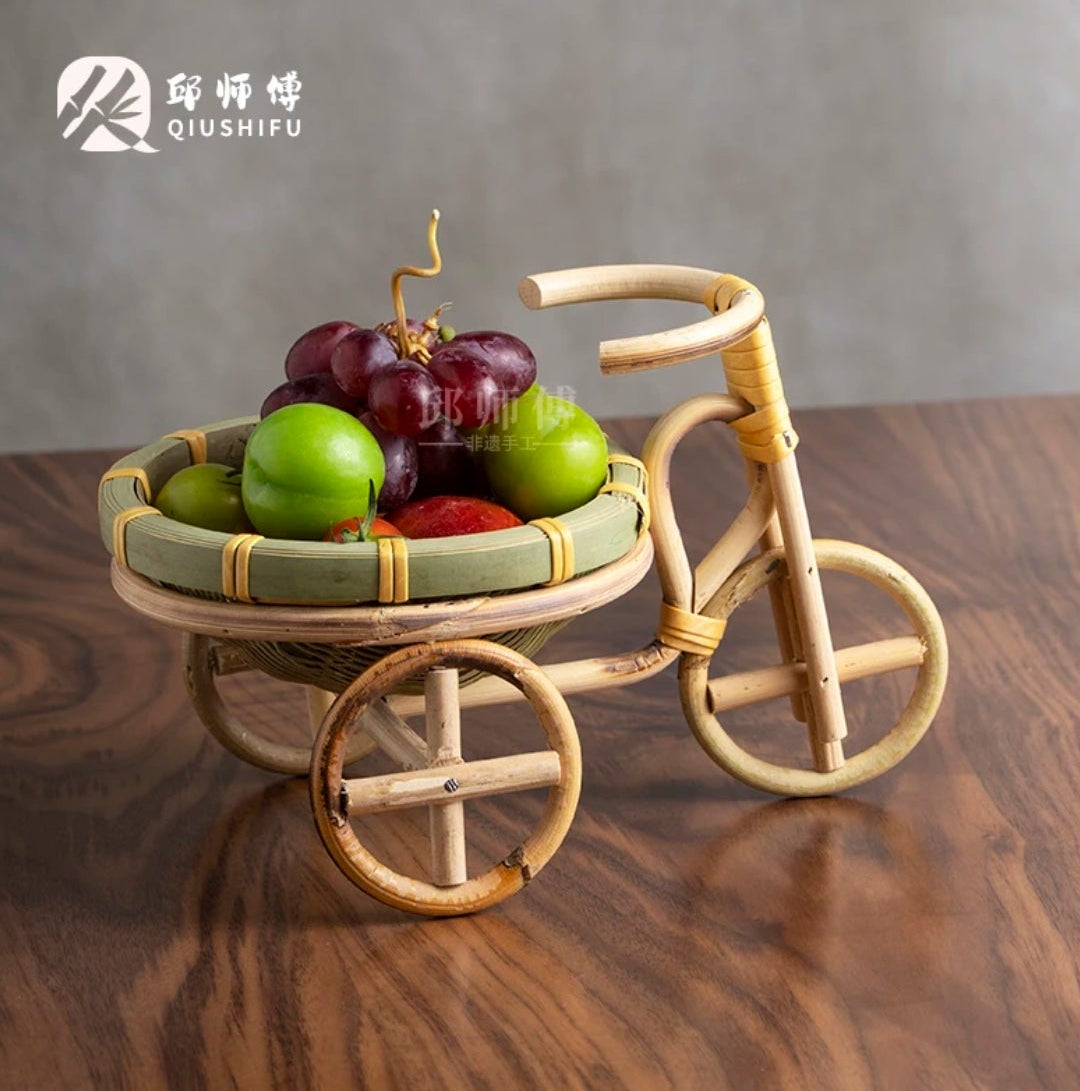 Handwoven Bamboo Tricycle Fruit Basket | Vintage Rattan Bike Decor | Rustic Home Accent