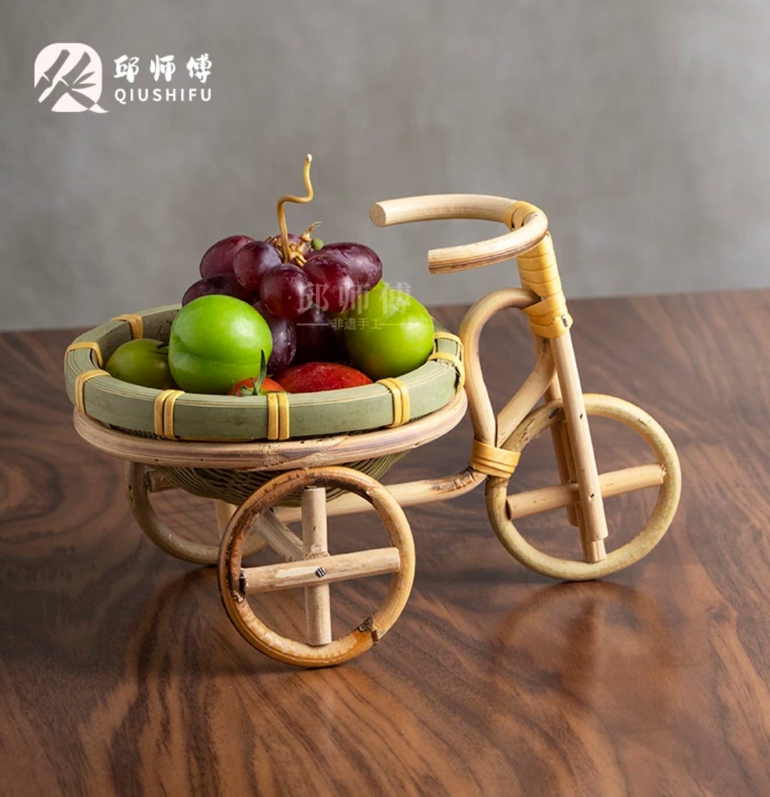 Handwoven Bamboo Tricycle Fruit Basket | Vintage Rattan Bike Decor | Rustic Home Accent
