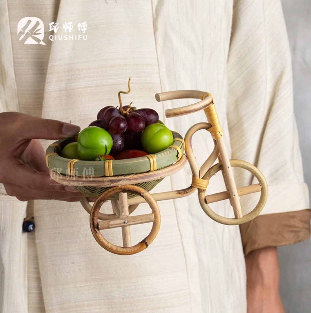 Handwoven Bamboo Tricycle Fruit Basket | Vintage Rattan Bike Decor | Rustic Home Accent