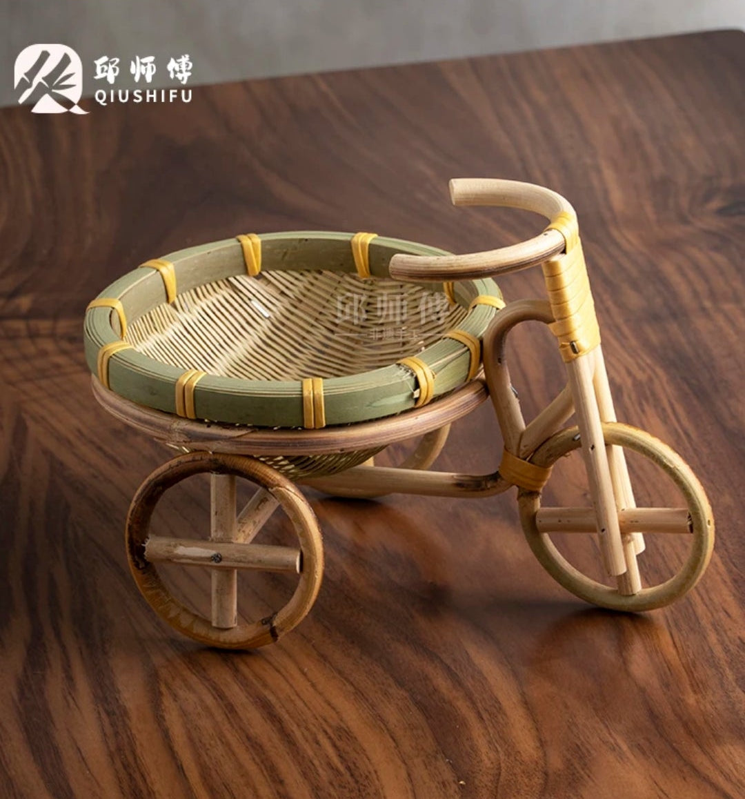 Handwoven Bamboo Tricycle Fruit Basket | Vintage Rattan Bike Decor | Rustic Home Accent