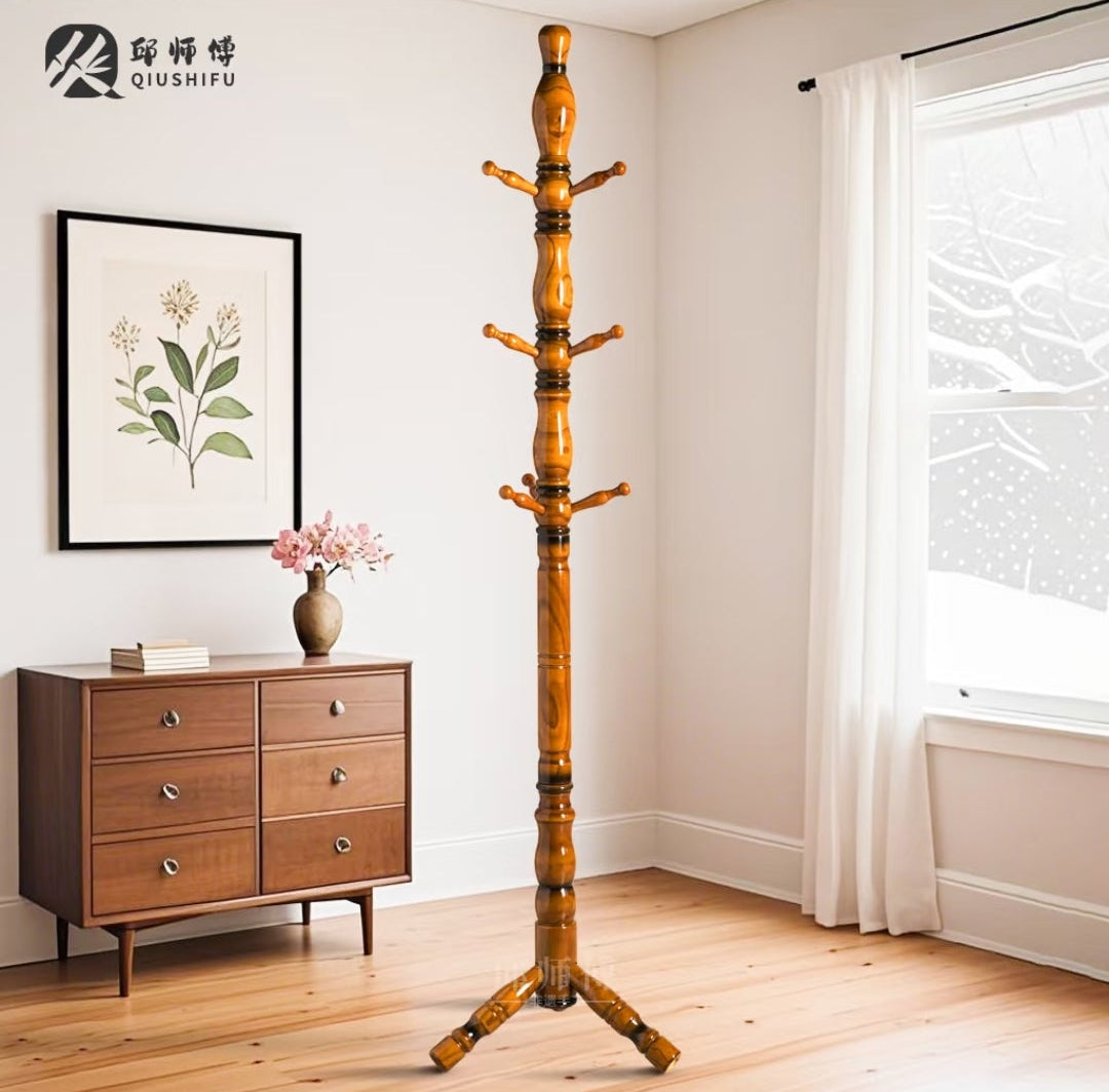 Solid Ash Wood Coat Rack Stand | Freestanding Entryway Hall Tree | Vintage Turned Wood Hanger