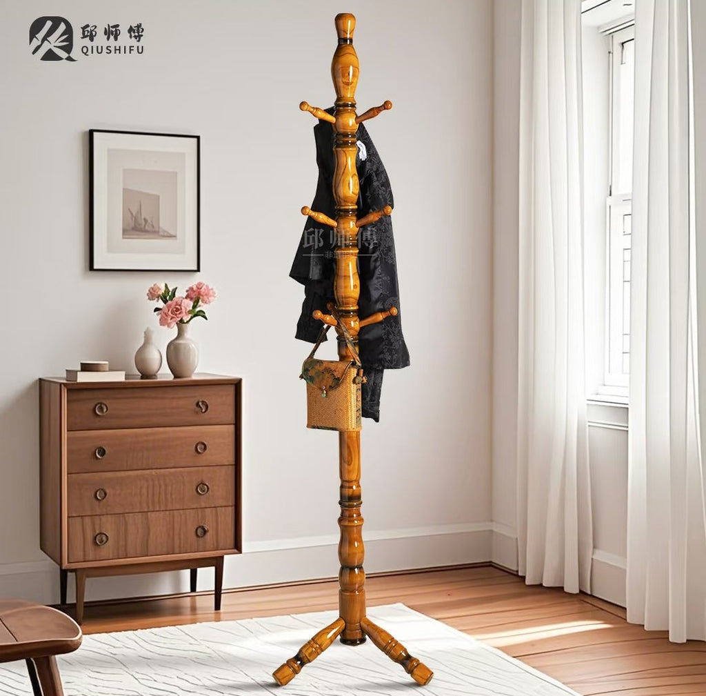 Solid Ash Wood Coat Rack Stand | Freestanding Entryway Hall Tree | Vintage Turned Wood Hanger